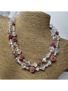 Vintage Vendome Double Strand AB Glass n Cranberry Sugar Bead Necklace